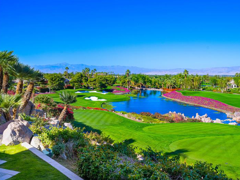 Luxury golf estate in the Coachella Valley with mountain views, private pool, and manicured fairway
